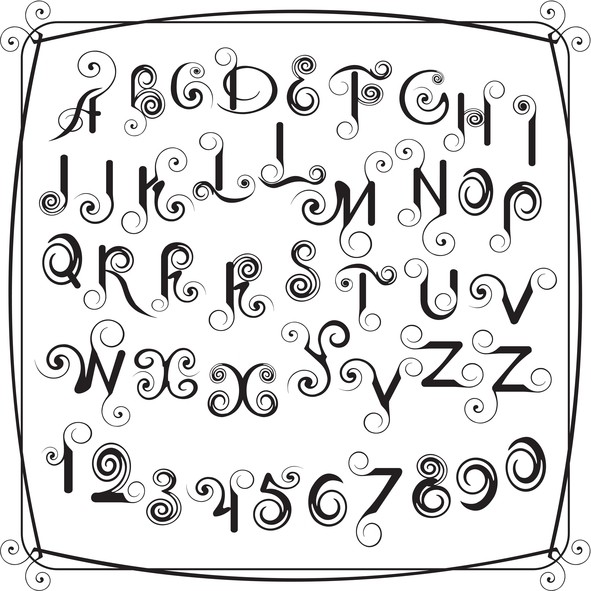 Clip art image of elaborate decorative letters.